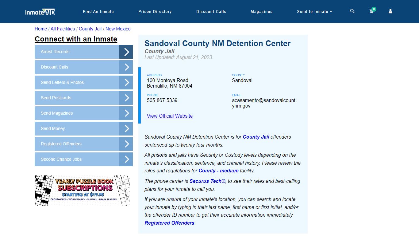 Sandoval County NM Detention Center - Inmate Locator